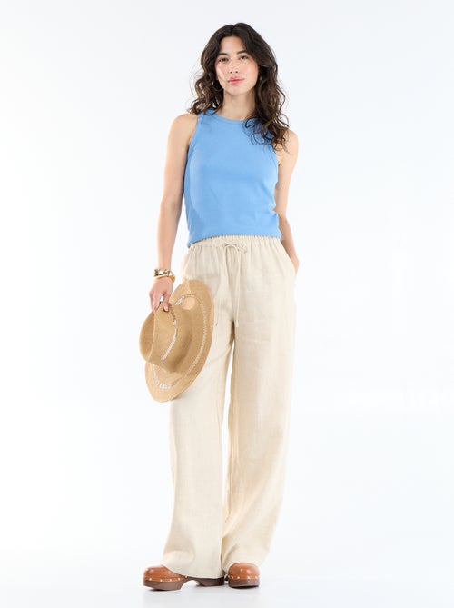 Pantalon uni en lin coupe large - Kiabi
