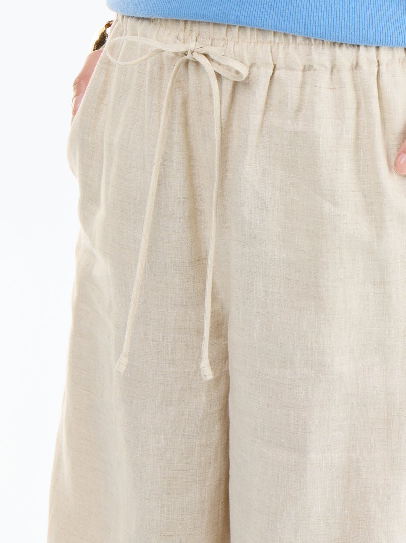 Pantalon uni en lin coupe large Beige - Kiabi