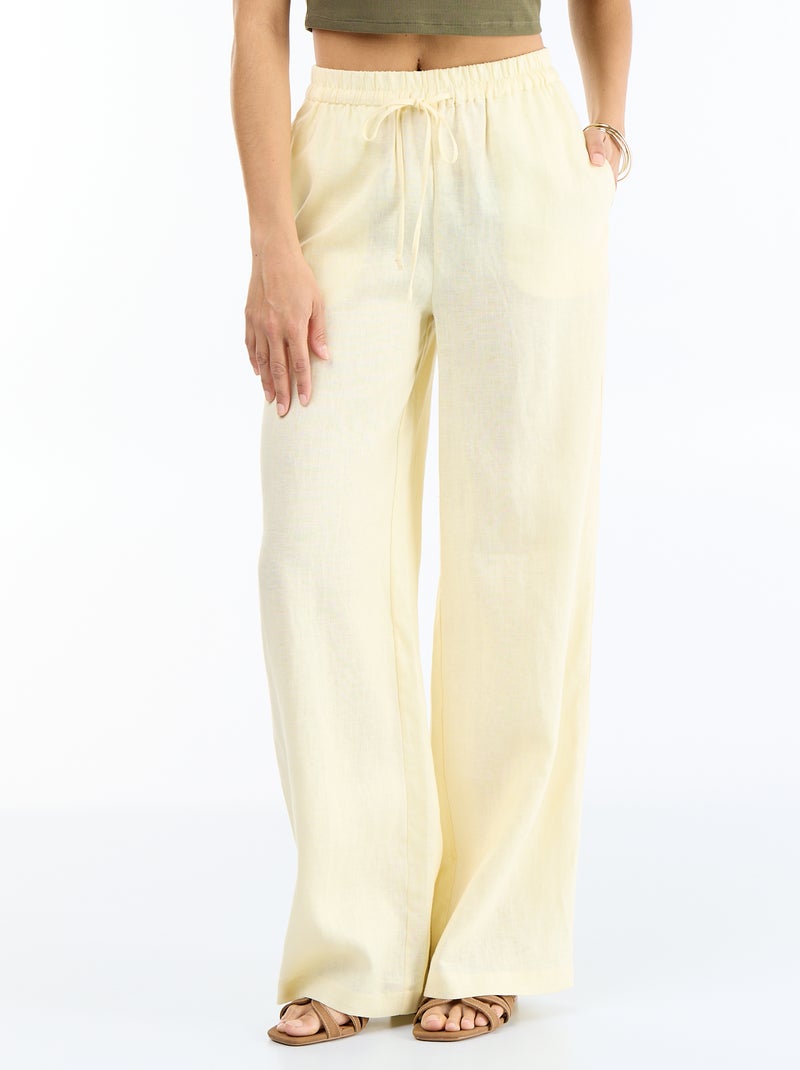 Pantalon uni en lin coupe large Jaune - Kiabi