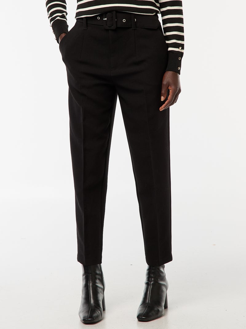 Pantalon uni femme en toile à taille standard Noir - Kiabi