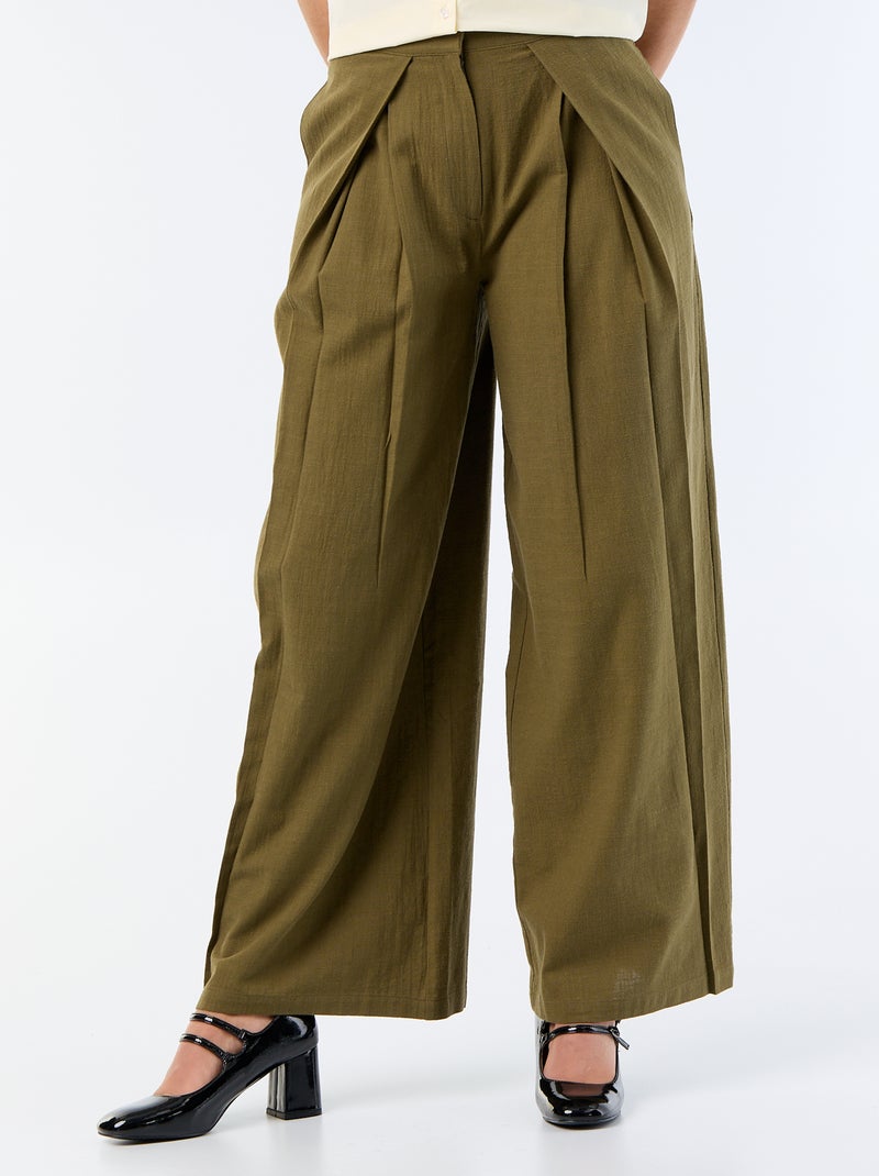 Pantalon wide leg en lin mélangé Vert - Kiabi
