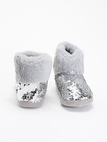 Pantoffelboots met schapenvachteffect en pailletten