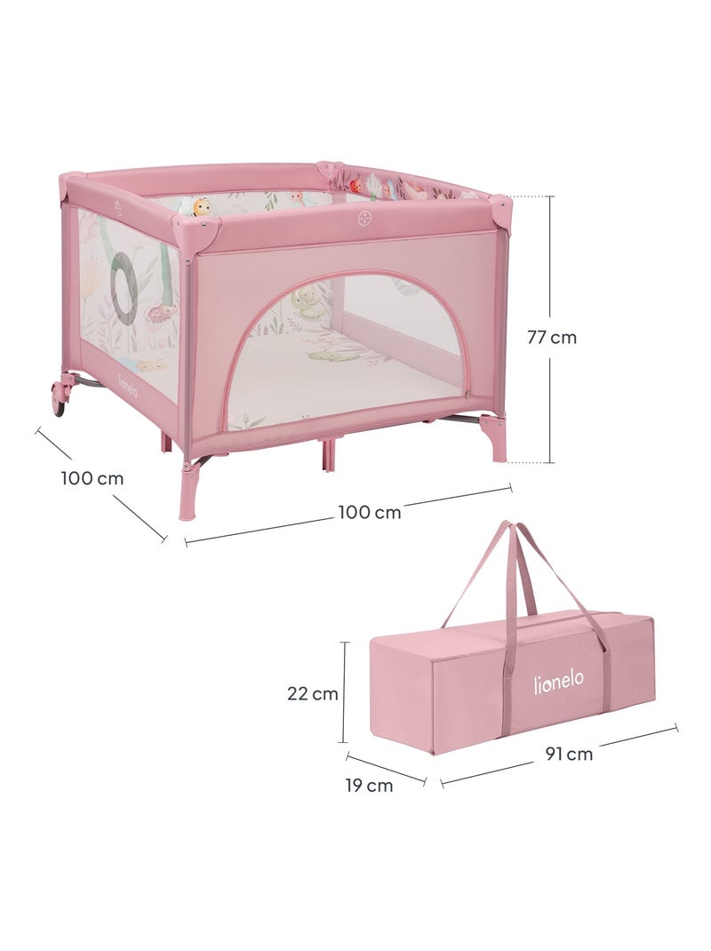 Parc bébé 100x100cm LIONELO Mille - Matelas haute densité - Roulettes - Jouets à velcro - 0-36 mois Rose - Kiabi