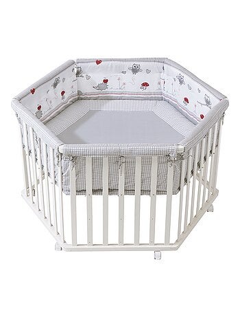Parc bébé hexagonal en bois + tapis imprimé hibou 'adam & eule' roba