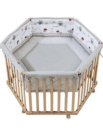 Parc bébé hexagonal en hêtre bio 'cosiplay' + tapis imprimé hibou roba
