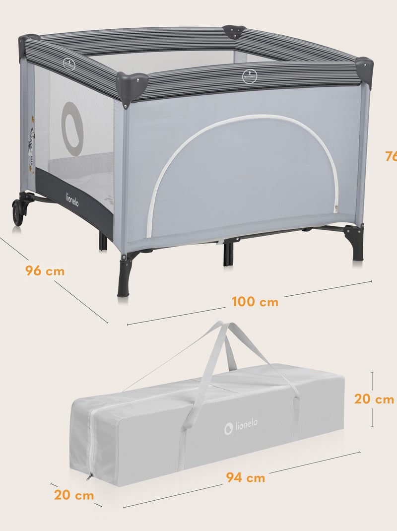 Parc Bébé LIONELO Bonnie - 100x96 cm - Matelas confortable - Roulettes - Sac de transport Gris Gris - Kiabi