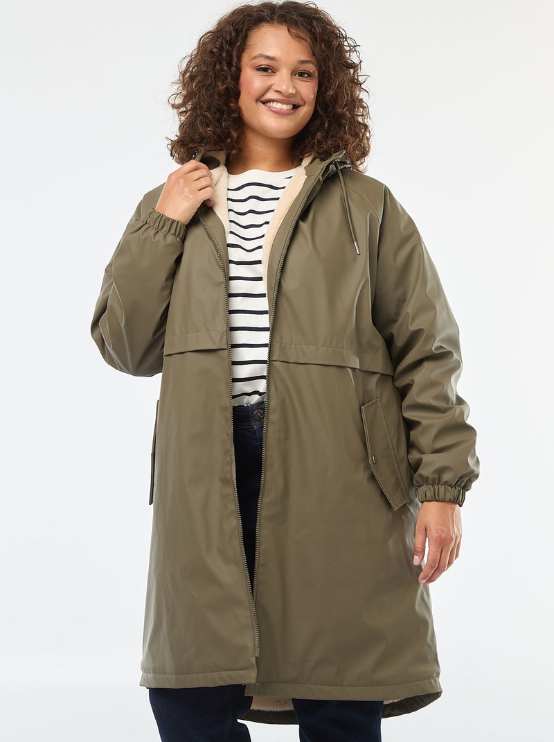 Parka de pluie à capuche avec doublure en fausse fourrure Kaki