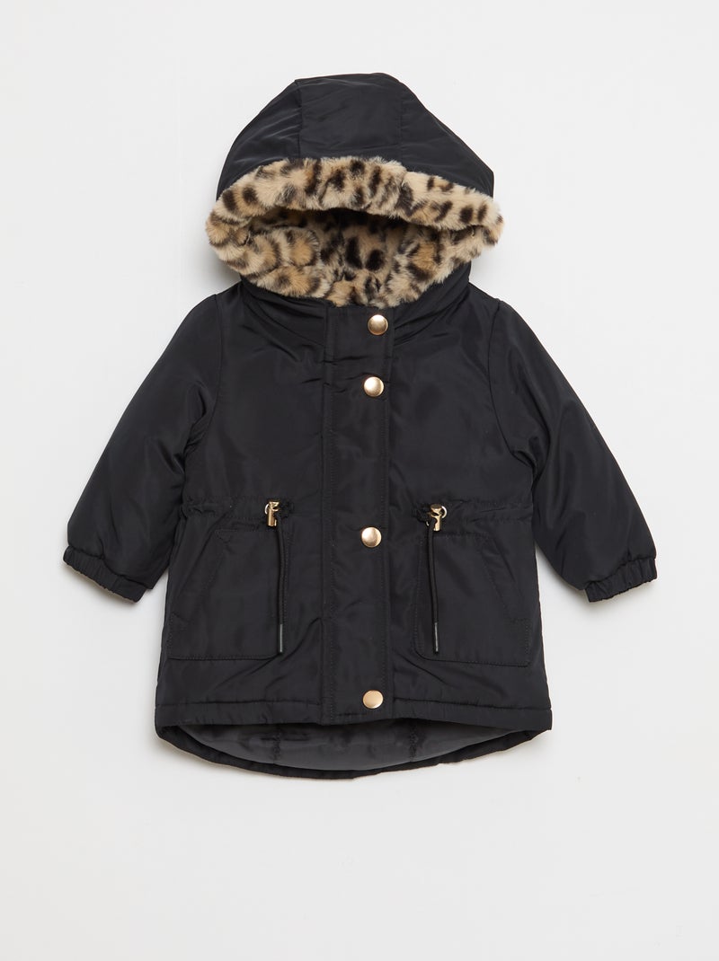 Parka doublé à capuche avec fausse fourrure Noir - Kiabi