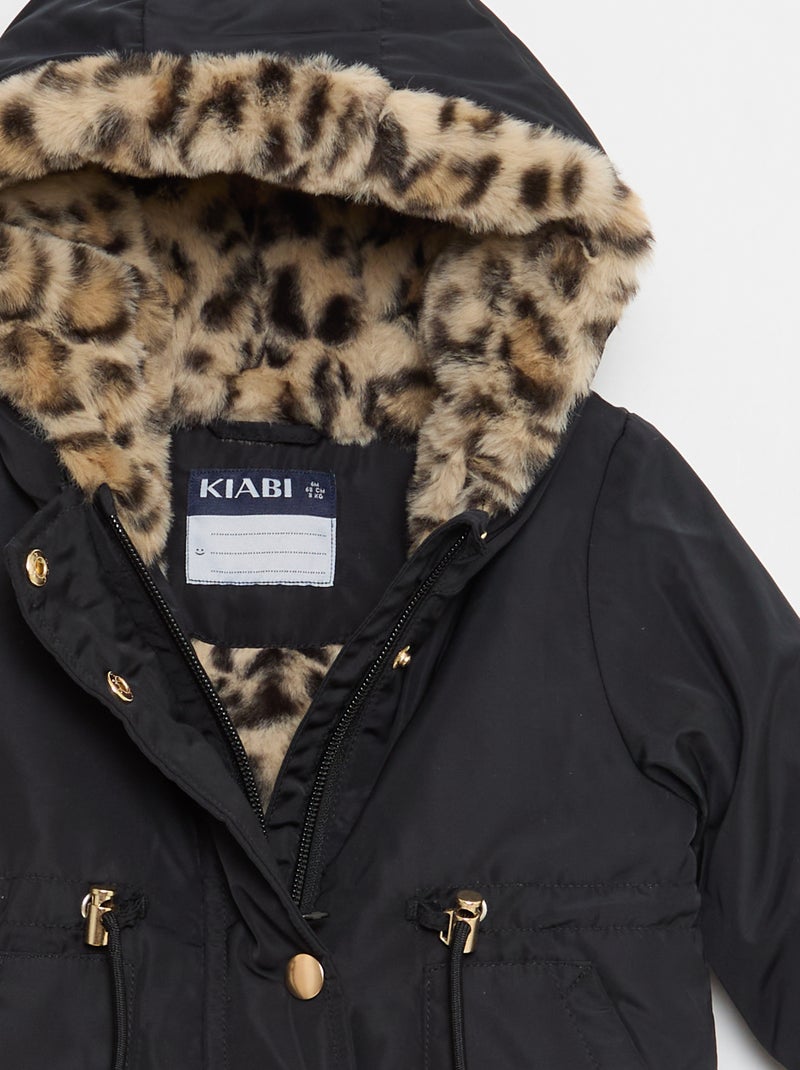 Parka doublé à capuche avec fausse fourrure Noir - Kiabi