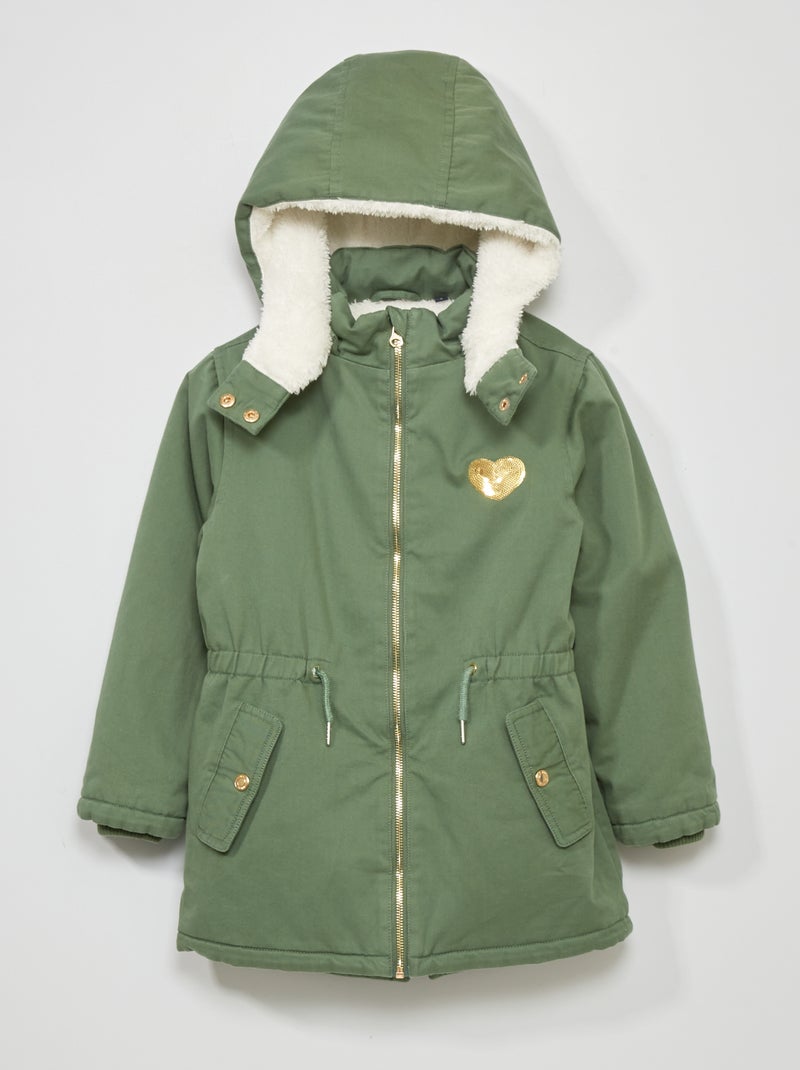 Parka met capuchon en schapenvacht effect voering KAKI - Kiabi