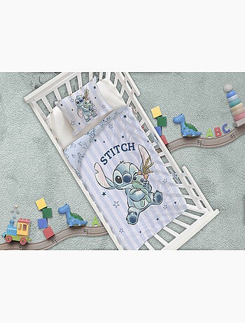 Parure Bébé Disney Stitch 100x140cm + Taie 40x60cm – Rayures Bleu Doux – 100% Coton – Licence Offici