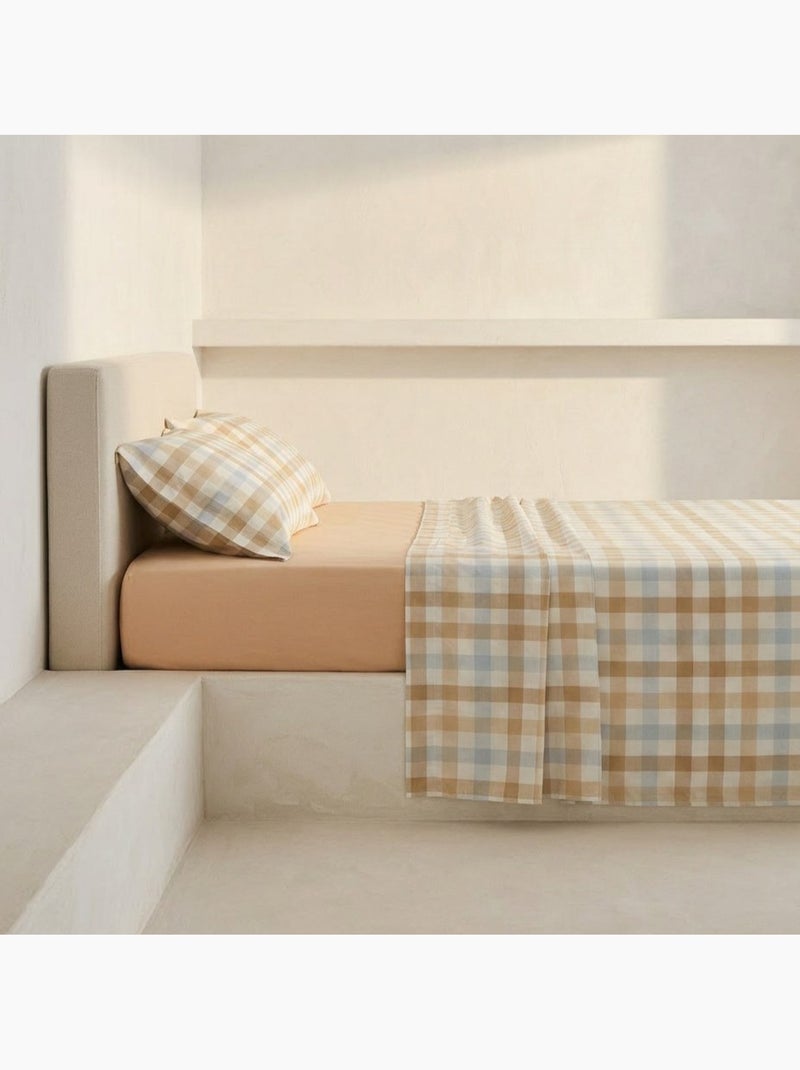 Parure de draps 100% coton à carreaux Vichy, taie d'oreiller incluse - Gamusi Blanc Beige Bleu - Kiabi