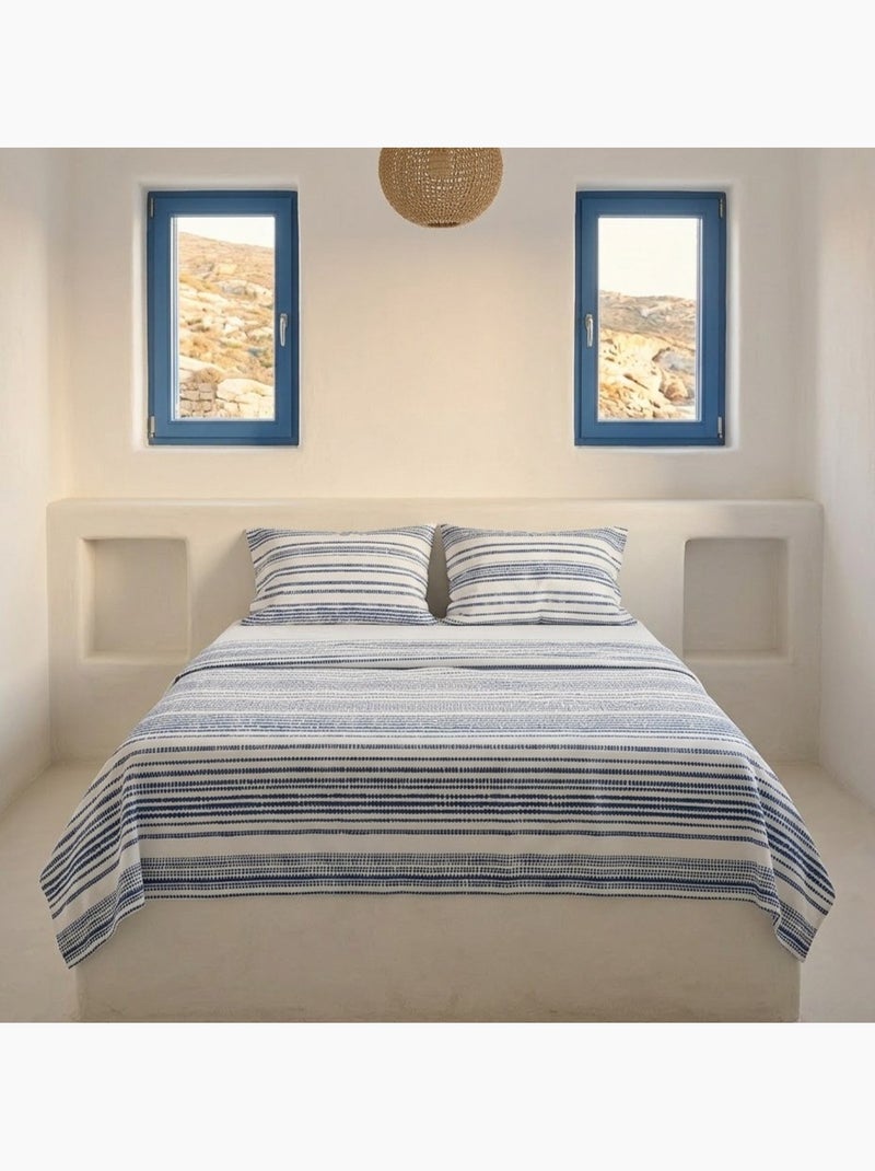 Parure de draps 100% coton à rayures, taie d'oreiller incluse - Gamusi Blanc Bleu - Kiabi