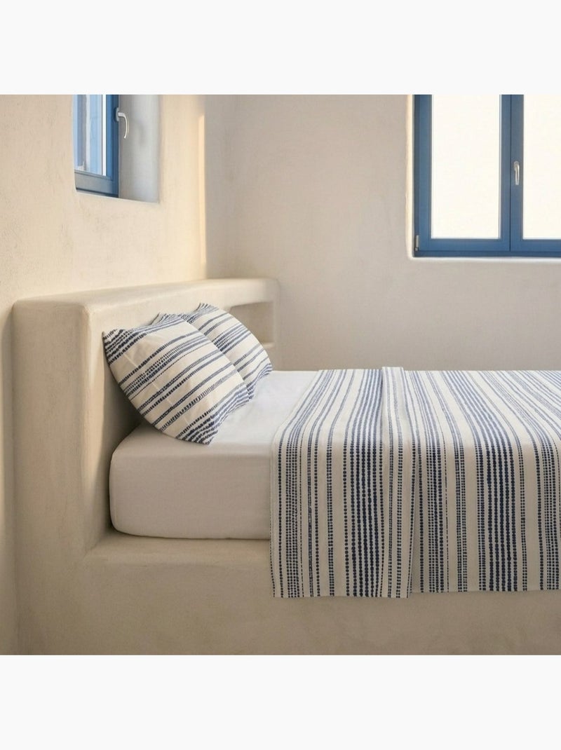 Parure de draps 100% coton à rayures, taie d'oreiller incluse - Gamusi Blanc Bleu - Kiabi