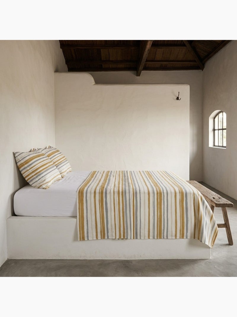 Parure de draps 100% coton à rayures, taie d'oreiller incluse - Gamusi Gris Blanc Ocre - Kiabi