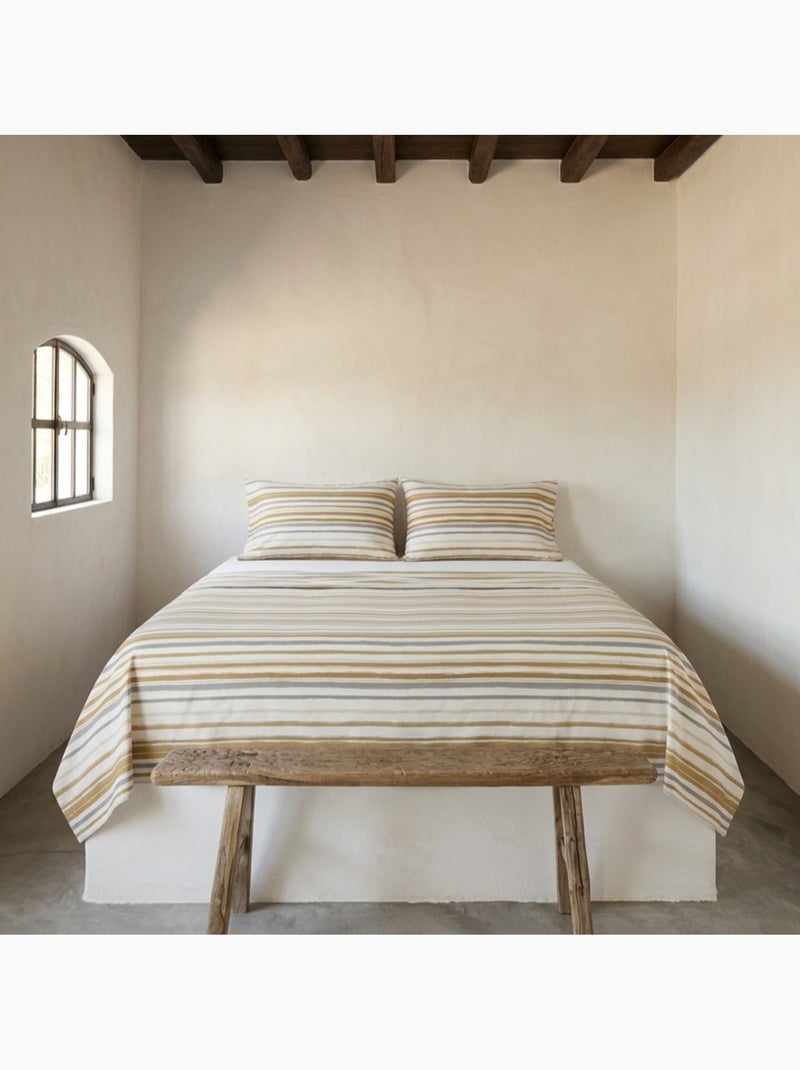 Parure de draps 100% coton à rayures, taie d'oreiller incluse - Gamusi Gris Blanc Ocre - Kiabi