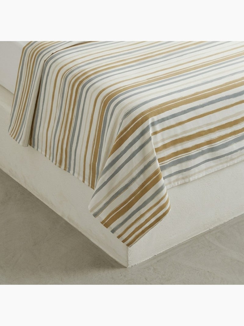 Parure de draps 100% coton à rayures, taie d'oreiller incluse - Gamusi Gris Blanc Ocre - Kiabi