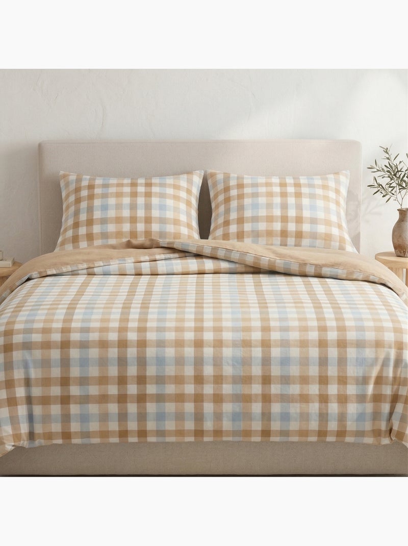 Parure de housse de couette 100% coton à carreaux vichy, taie d'oreiller incluse - Gamusi Blanc Beige Bleu - Kiabi