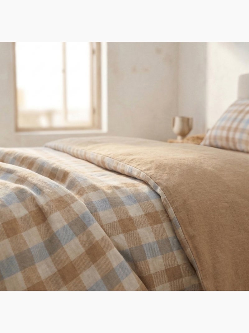 Parure de housse de couette 100% coton à carreaux vichy, taie d'oreiller incluse - Gamusi Blanc Beige Bleu - Kiabi