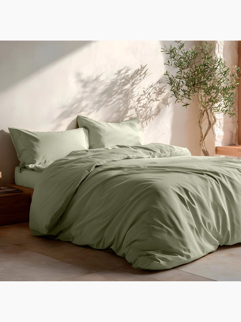 Parure de housse de couette 100% coton, avec taie(s) d’oreiller, unie - Gamusi. Vert - Kiabi