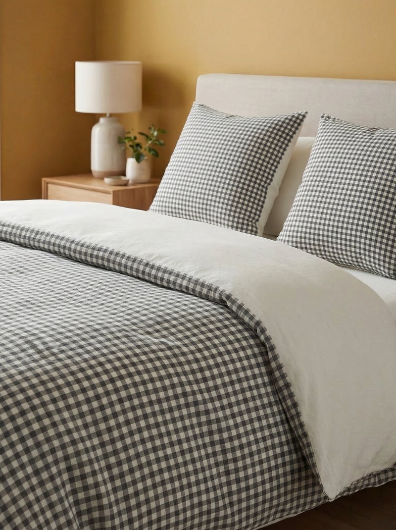 Parure de lit 2 personnes (240 x 220cm) en gaze de coton - Kiabi Home Vichy noir et blanc - Kiabi