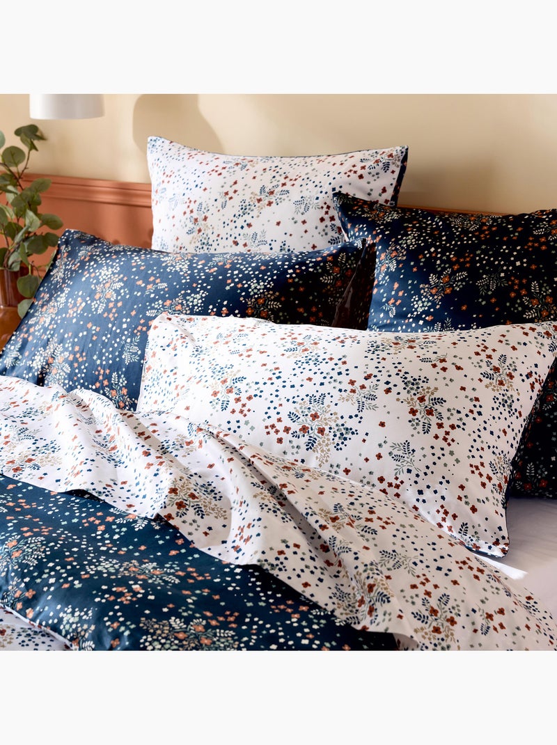 Parure de lit 2 pièces satin de coton 110 fils floral housse + taie Bleu marine - Kiabi