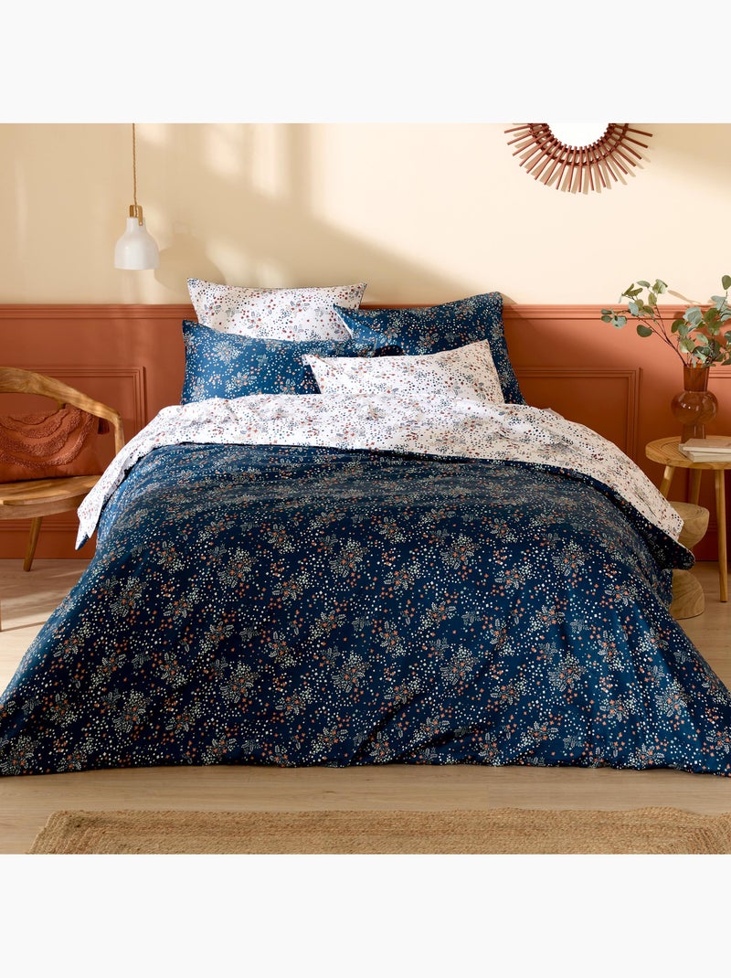Parure de lit 2 pièces satin de coton 110 fils floral housse + taie Bleu marine - Kiabi