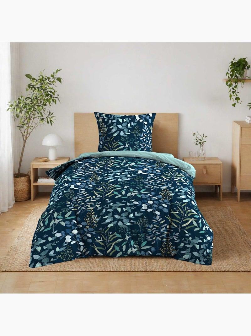 Parure de lit 3 pièces 100% coton à motif végétal housse + taies Bleu - Kiabi