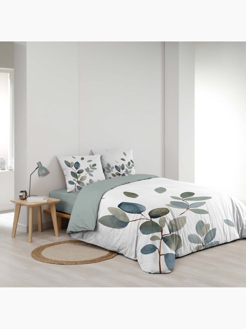 Parure de lit 3 pièces 100 % coton imprimé à motif végétal housse + taies Bleu - Kiabi