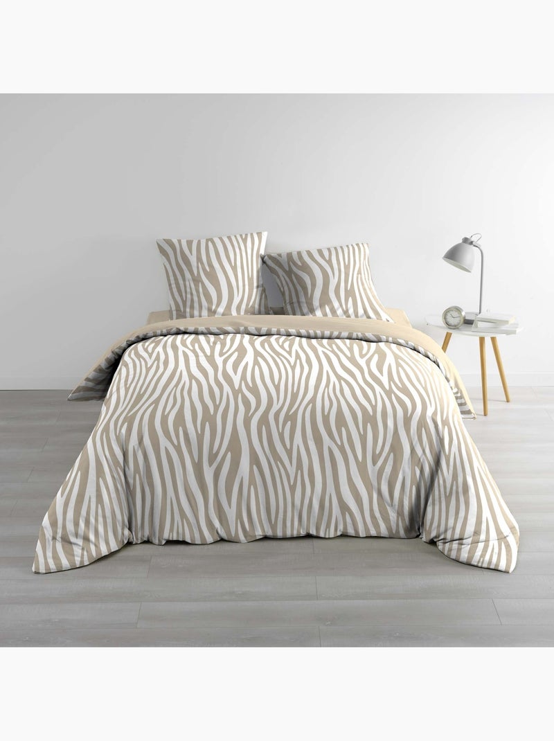 Parure de lit 3 pièces 100 % coton imprimé zèbre housse + taies Beige grès - Kiabi