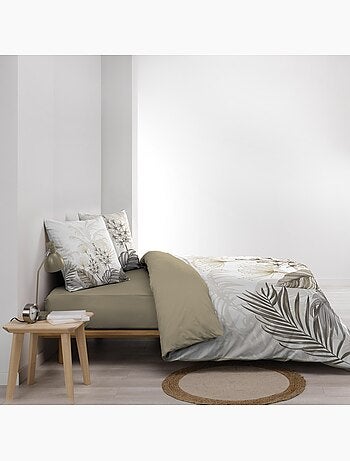 Parure de lit 3 pièces coton motif feuillage floral housse + 2 taies