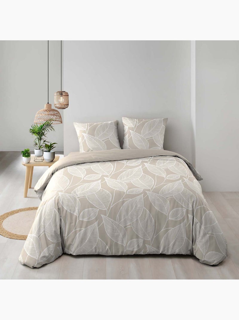 Parure de lit 3 pièces en coton à motif feuilles housse + taies Beige grès - Kiabi