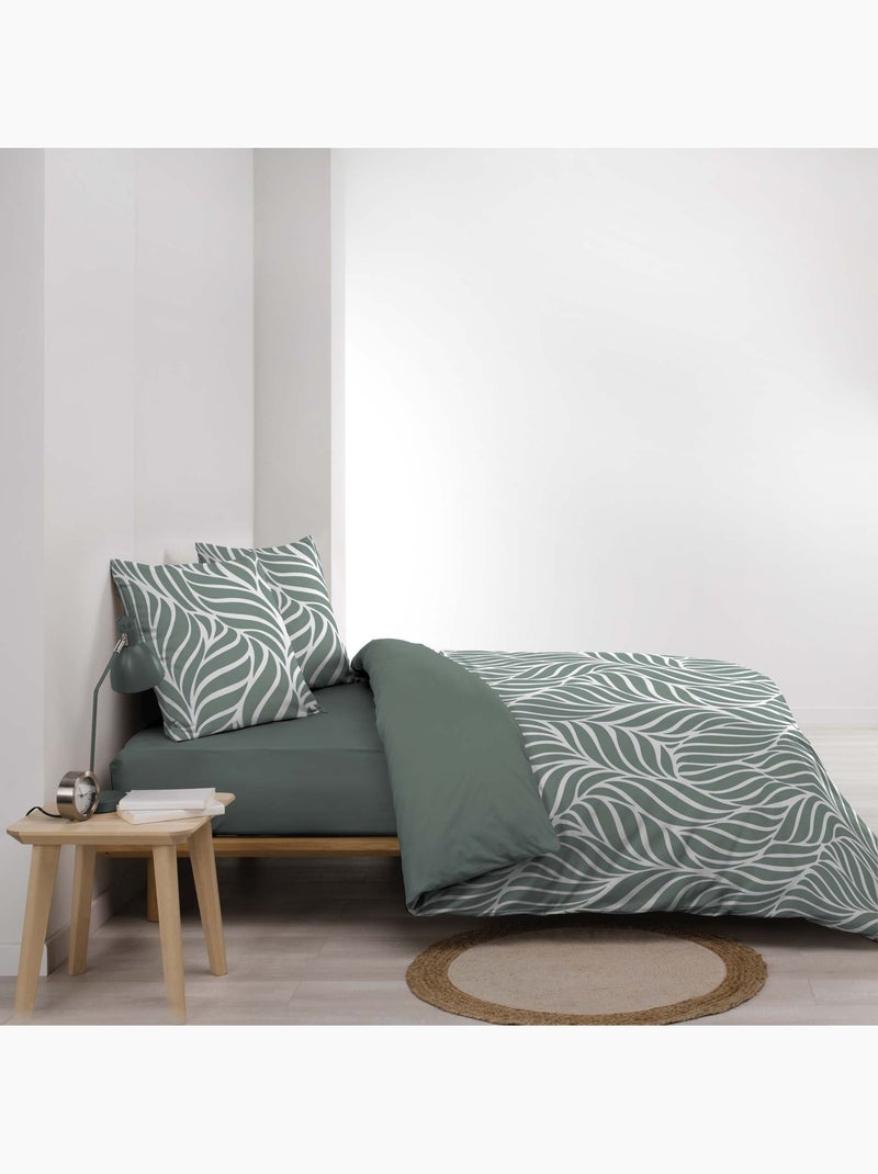 Parure de lit 3 pièces en coton feuille design housse + taies Vert Sauge - Kiabi