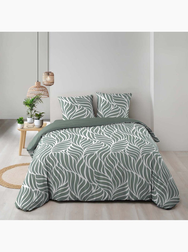 Parure de lit 3 pièces en coton feuille design housse + taies Vert Sauge - Kiabi