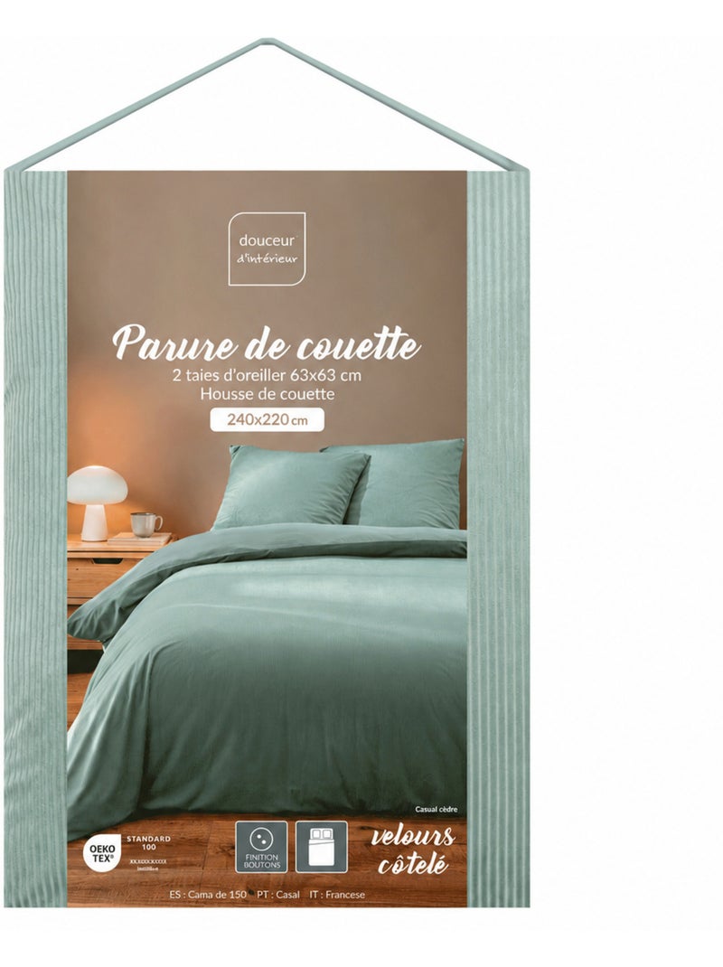 Parure de lit 3 pièces en velours côtelé uni housse + taies Vert - Kiabi