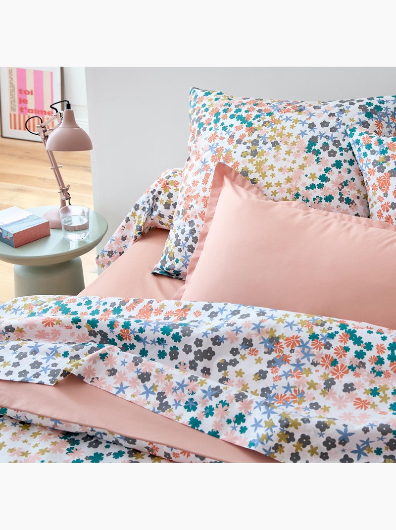 Parure de lit 3 pièces percale de coton 80 fils floral housse + taies Rose - Kiabi