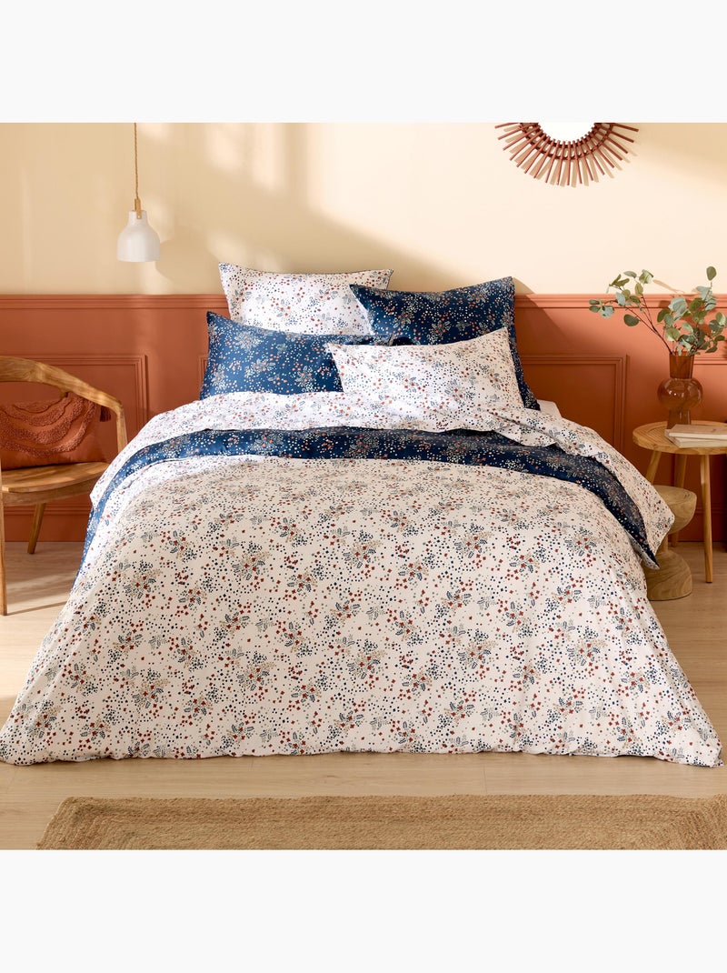 Parure de lit 3 pièces réversible satin de coton 110 fils floral housse + taies Bleu marine - Kiabi
