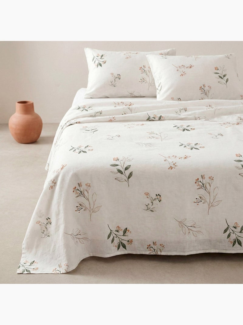 Parure de lit à motif floral, 100% coton. Blanc Vert - Kiabi