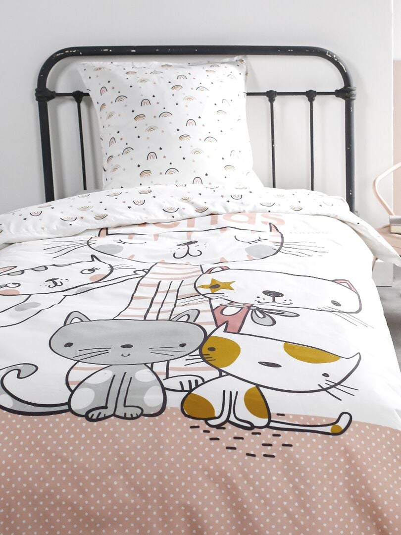 Parure De Lit Enfant 100% Coton - Imprimé Chatons Mignons | Housse Couette 140x200 + Taie 70x90