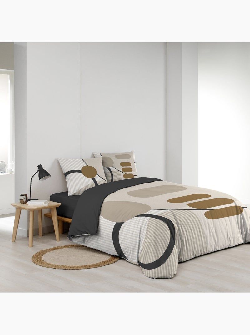 Parure de lit coton motif géométrique double face imprimée Beige grès - Kiabi