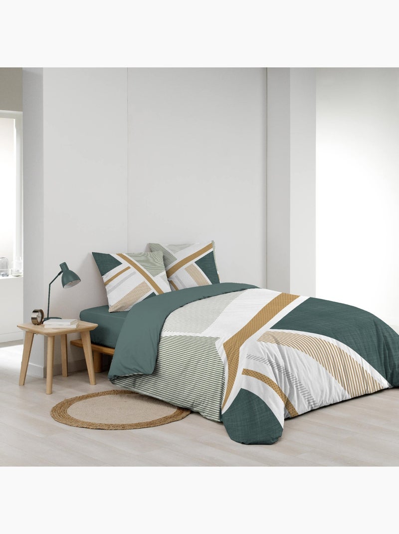Parure de lit coton motif graphique double face imprimée Vert - Kiabi