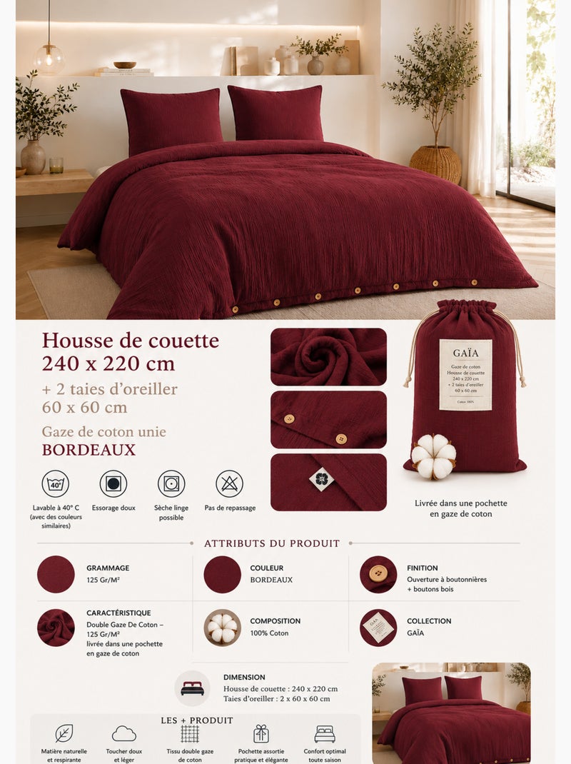 Parure de lit double gaze de coton gaïa + 2 taies 60x60 cm Bordeaux - Kiabi