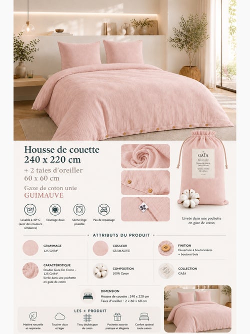 Parure de lit double gaze de coton gaïa + 2 taies 60x60 cm - Kiabi