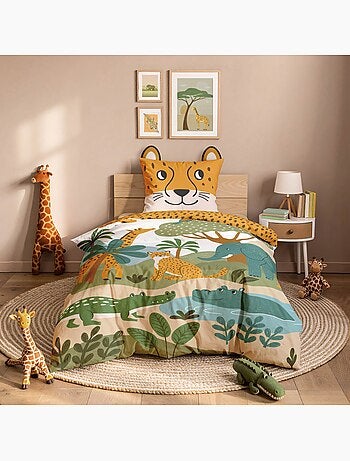 Parure de lit enfant 2 pièces 100 % coton imprimé animaux de la jungle housse + taie