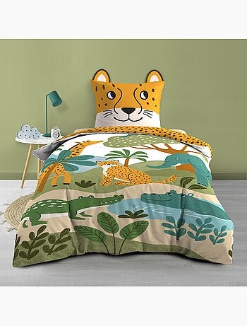 Parure de lit enfant 2 pièces 100 % coton imprimé animaux de la jungle housse + taie