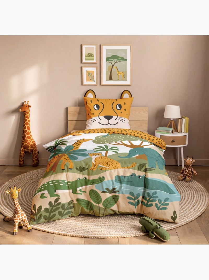 Parure de lit enfant 2 pièces 100 % coton imprimé animaux de la jungle housse + taie Jaune - Kiabi