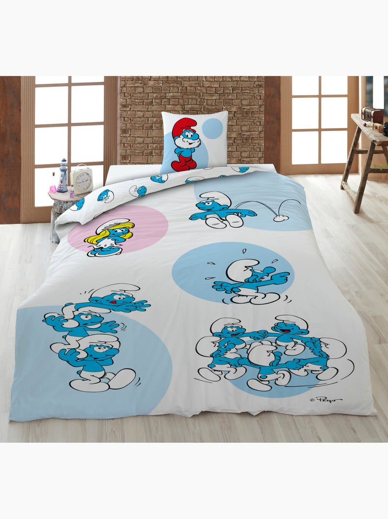 Parure de Lit Enfant Les Schtroumpfs 140x200 cm + Taie 65x65 cm Polycoton Beige/Blanc - Kiabi