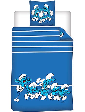 Parure de Lit Enfant Les Schtroumpfs 140x200 cm + Taie 65x65 cm Polycoton Réversible
