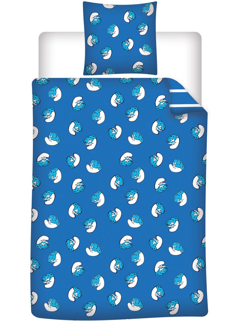 Parure de Lit Enfant Les Schtroumpfs 140x200 cm + Taie 65x65 cm Polycoton Réversible Bleu Bleu - Kiabi