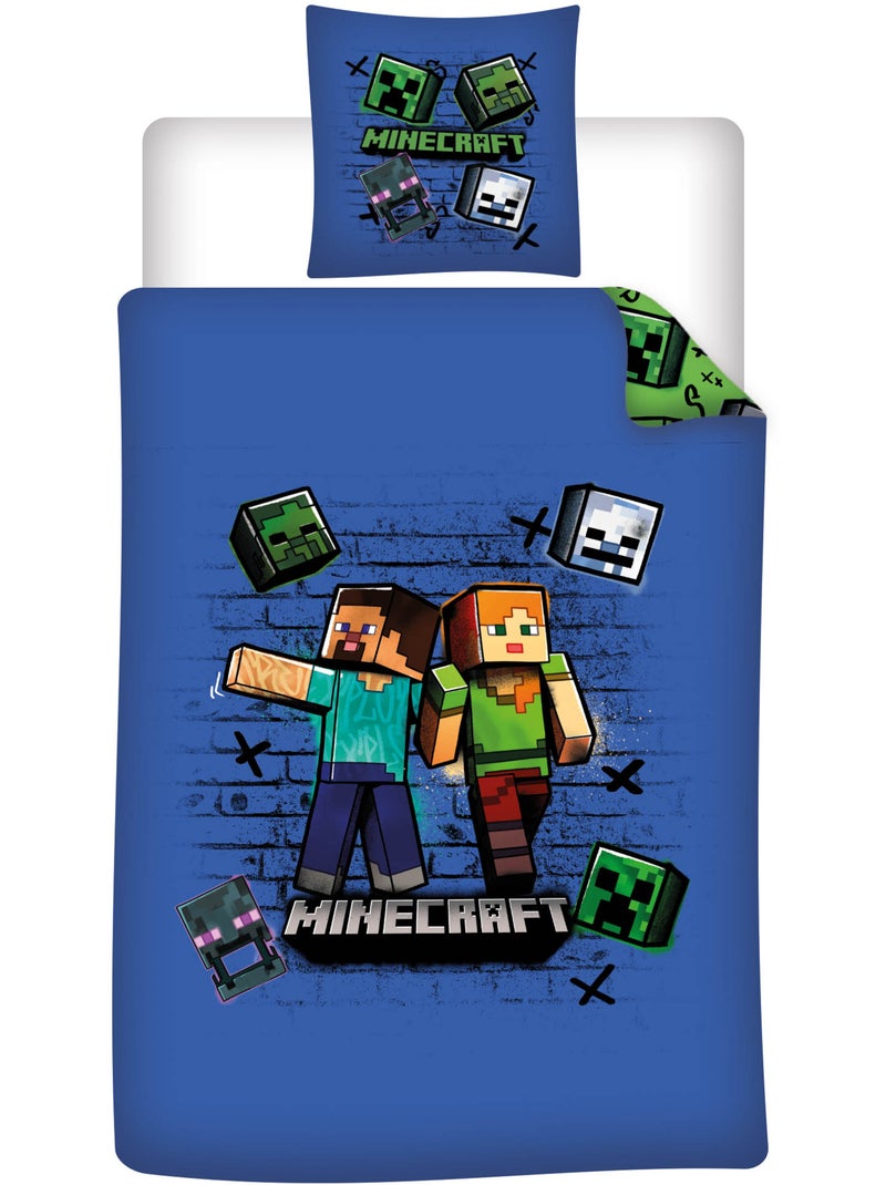 Parure de Lit Enfant Minecraft 140x200 cm + Taie 63x63 cm 100% Polyester Beige/Vert/Bleu - Kiabi